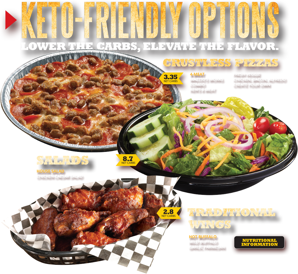 Keto-Friendly Options. Lower the carbs, elevate the flavor. Crustless Pizzas. Salads. Traditional wings. Click here for nutritional information.